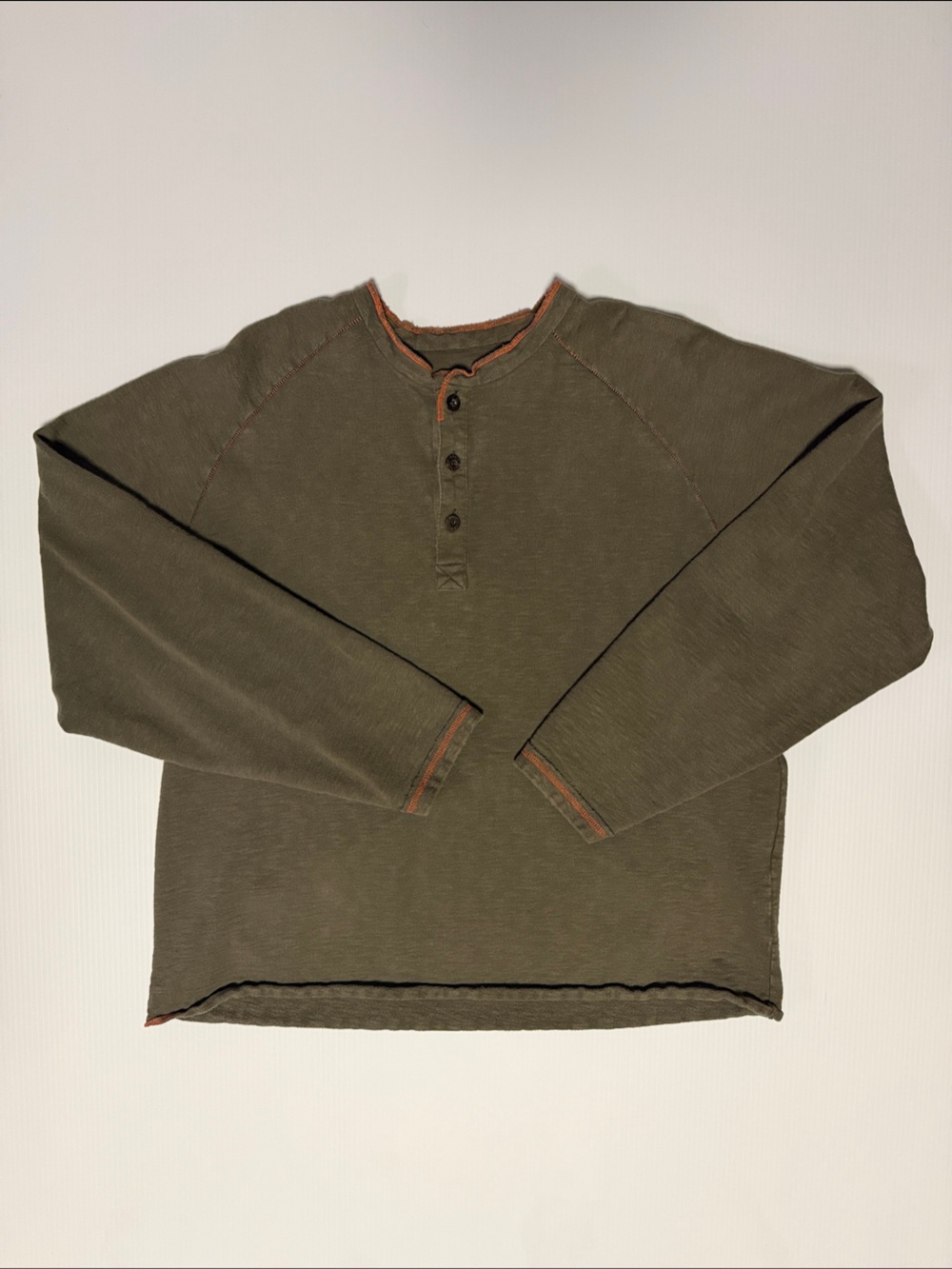 Orvis Olive Green Long-Sleeve Henley with Rust Accent